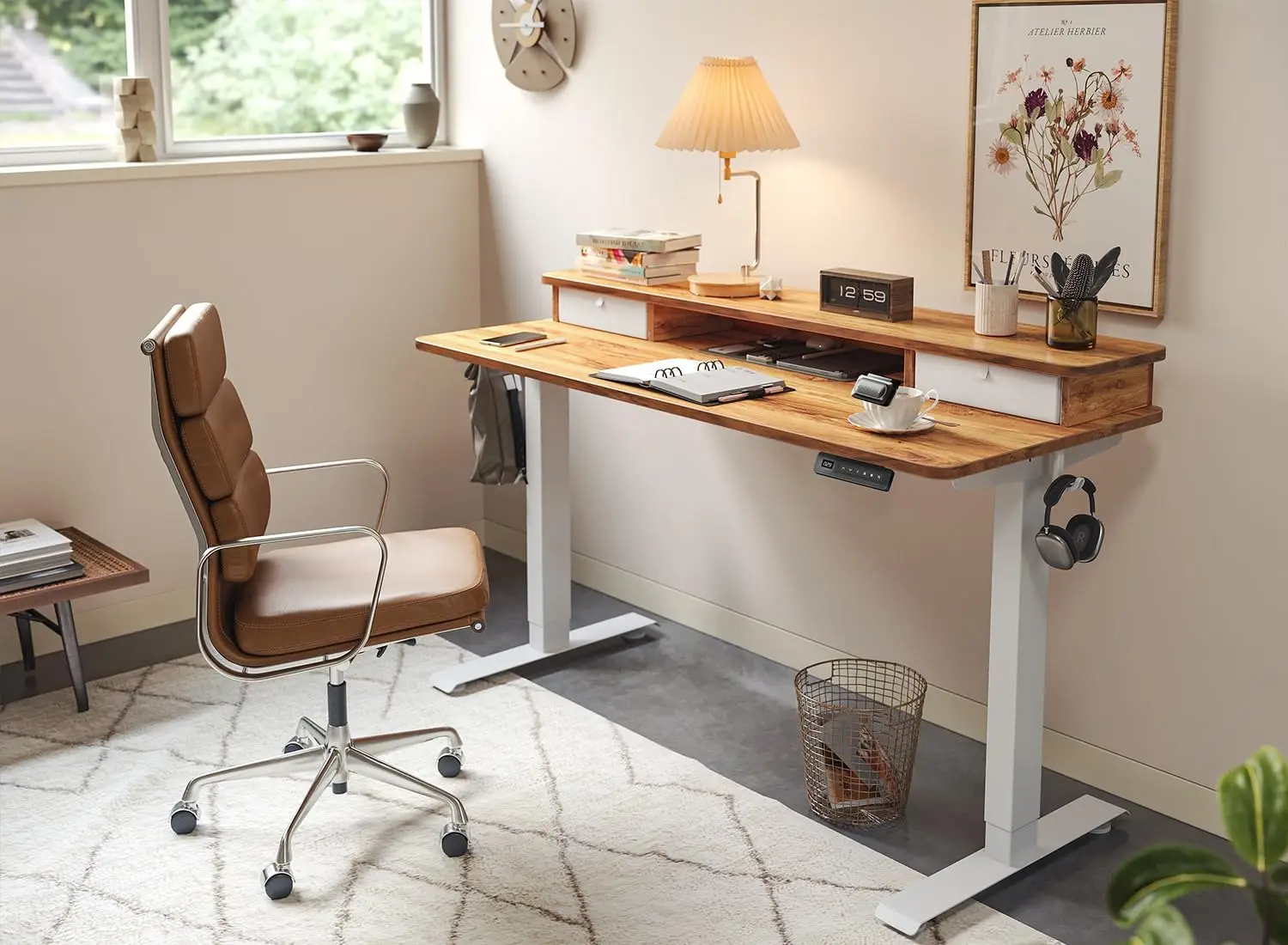 48 x 24 Inch Height Adjustable Electric Standing Desk with Double Drawer, Computer Desk, Home Office Stand Up Tabl with 4 Height