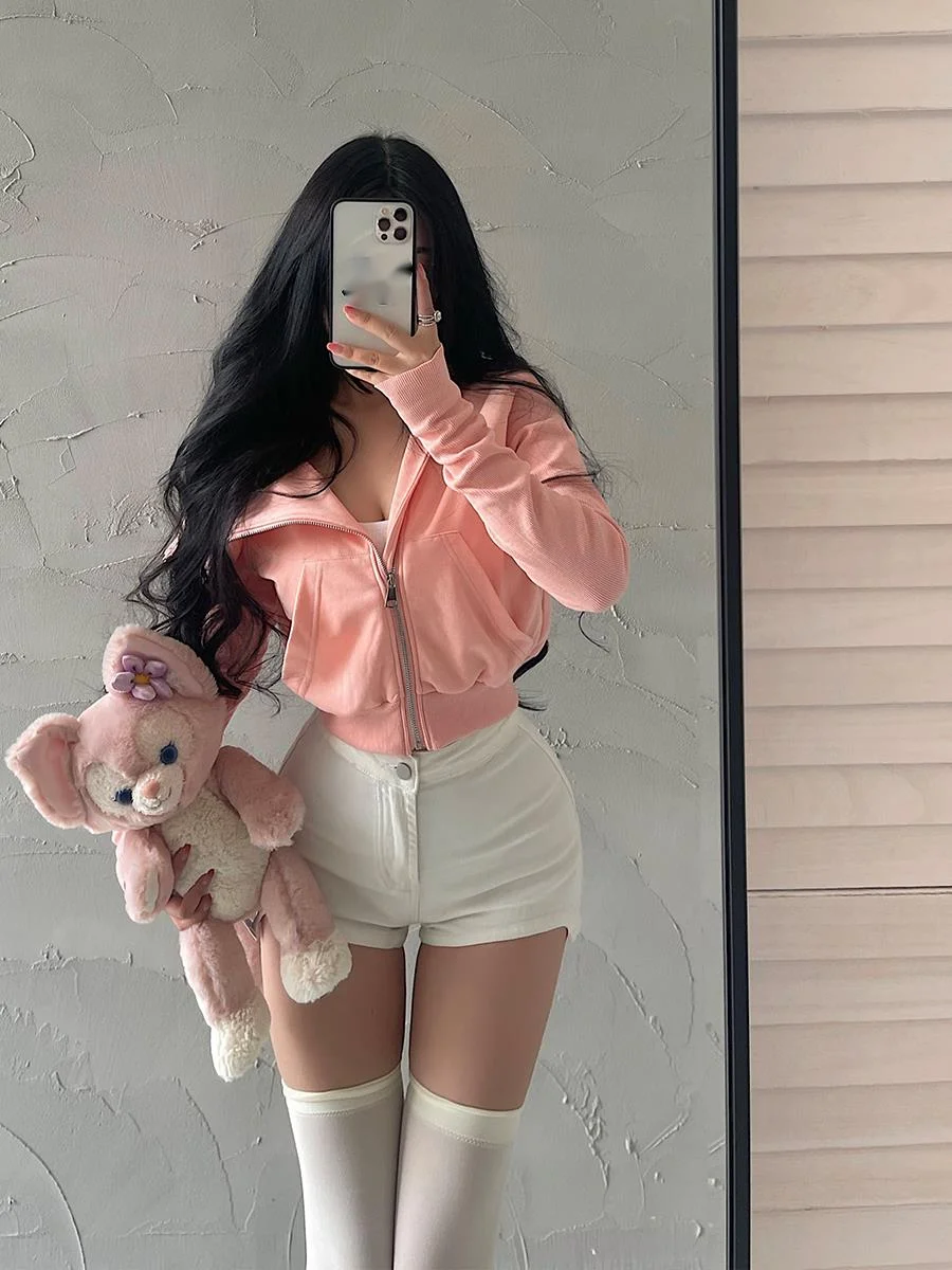 

WOMENGAGA Fashion Large Polo Neck Oblique Zipper Loose Long Sleeve Short Sport Casual Sweatshirt Fashion Women Tops 59LO