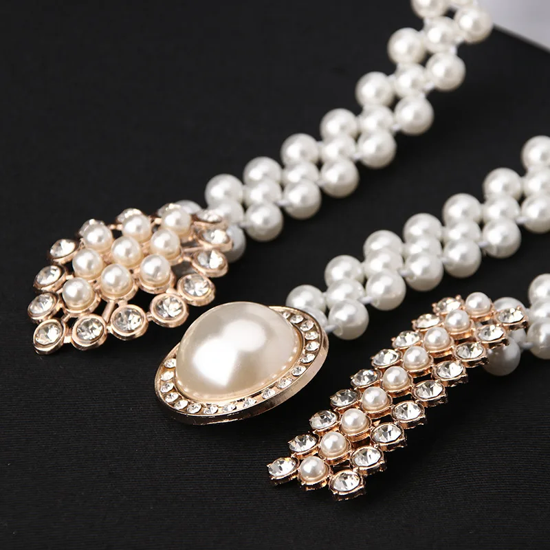 

Ladies Pearl Waist Chain Rhinestone Pearls Decorative Belts for Women Fashion Sweet Dress Elastic Belt Clothing Accessories