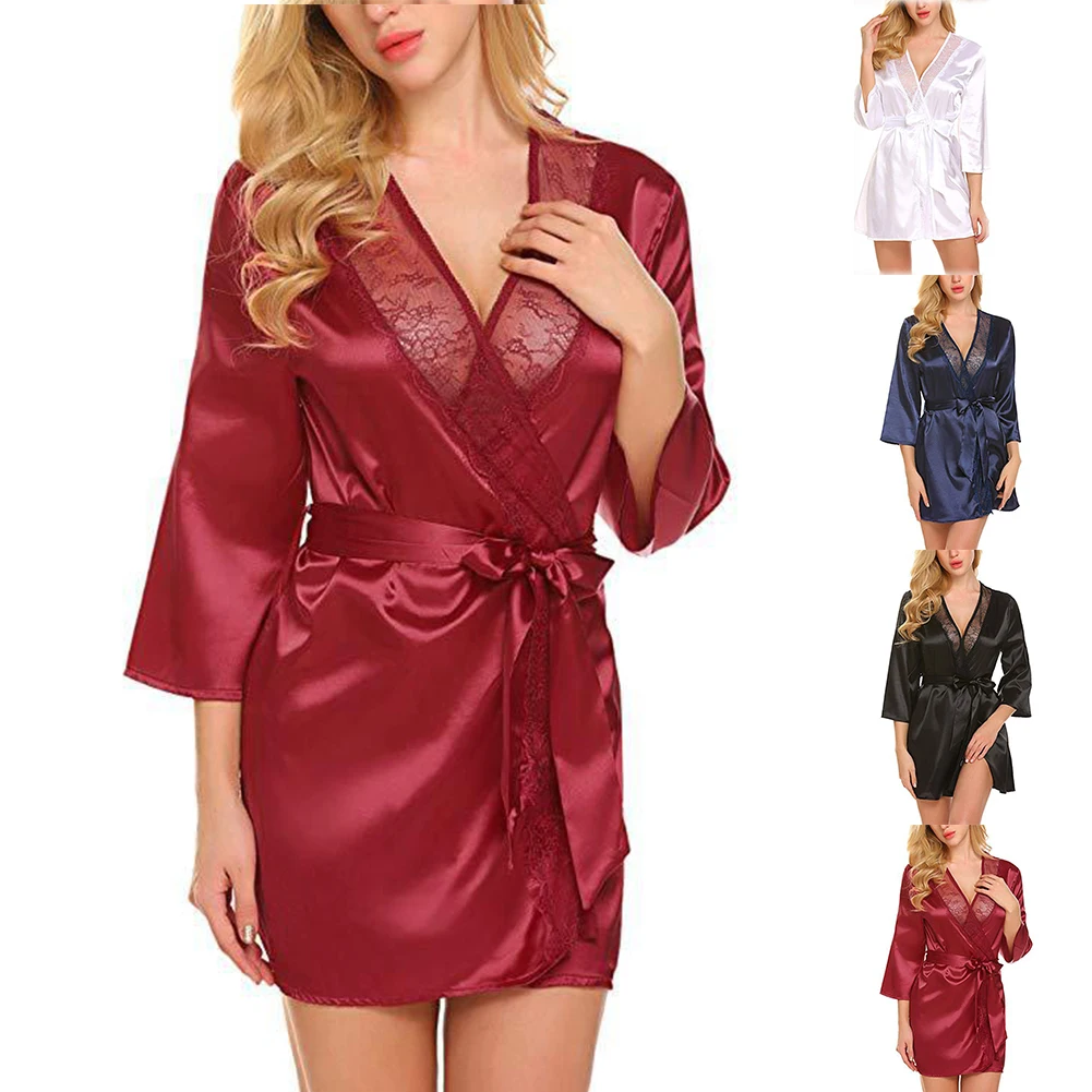 Women Satin Kimono Bathrobe Half Sleeve Lace Edge Bride Wedding Wrap Dressing Robes Nightgown Pajamas Ladies Home Clothes women dress women sleepwear bride robes silk robe sleepwear pajamas