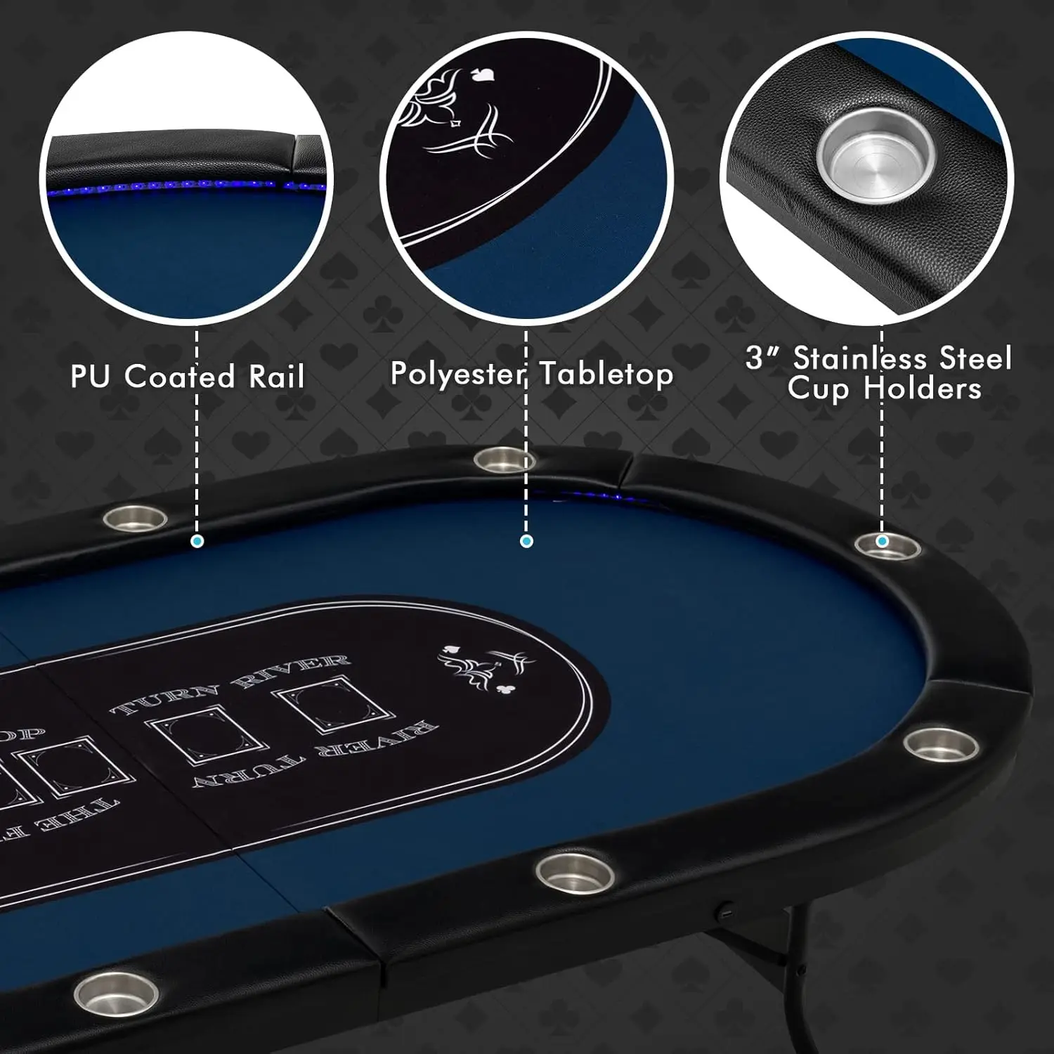 10 Players Poker Table with Cup Holder, Folding Casino Leisure Table with 4 USB Ports, Extra Lights, Easy to Assemble, Foldable