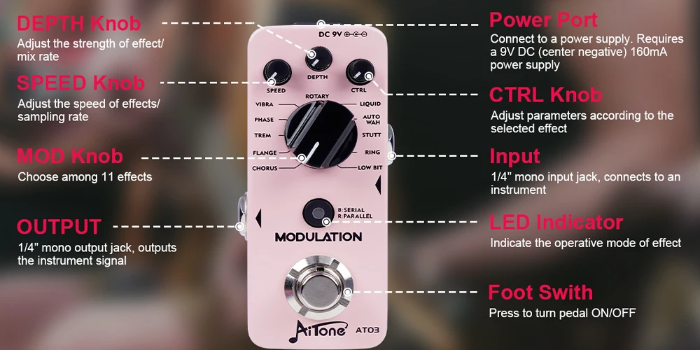 AITONE Series AT-03 Modulation Guitar Pedal 11 Mode Classic Modulation Effect Di