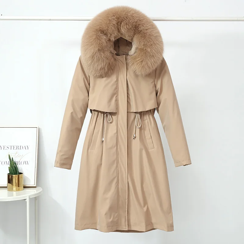 

Winter Jacket Women Nice Fashion Fur Collar Coat Solid Long Hooded Down Parka Coat Removable Plush Liner Chic Coat