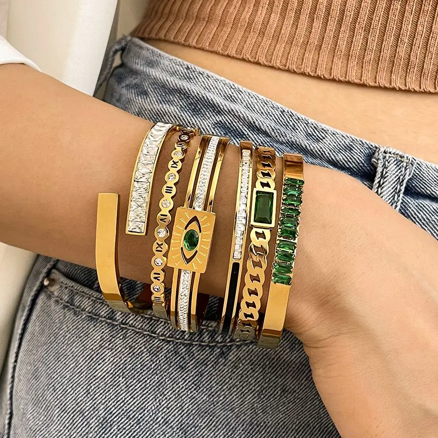 Bangle Bracelet Zircon Bracelet Stainless Steel Bracelet Flashbuy Trendy Chic Green Zircon Stainless Steel Bangle Bracelets for Women Charm Texture Simple Gold Color Accessories