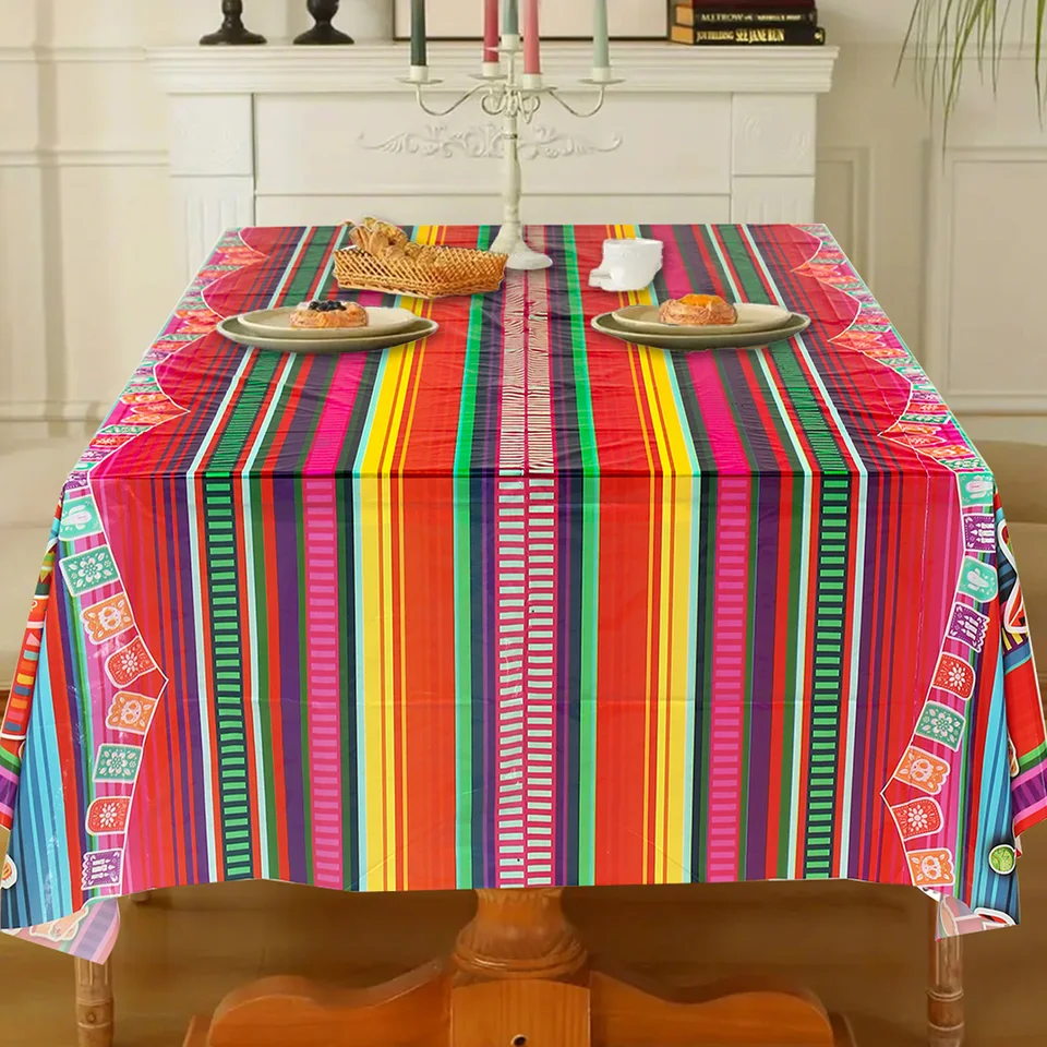 Hosuly Mexican Fiesta Tablecloth Set - 54x108 Inch Plastic Striped Party Table Covers, 10 Pack, White Background - View #10