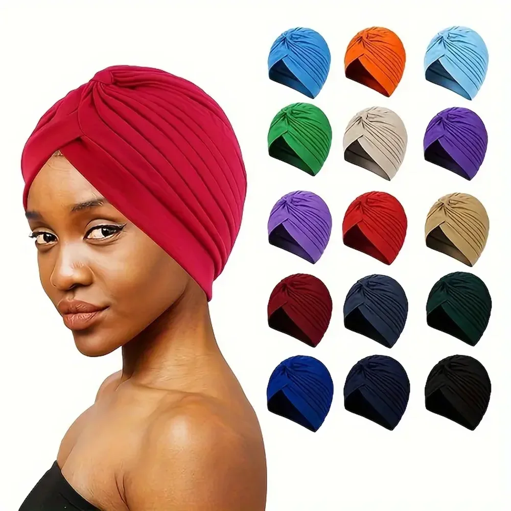 Turban Hats Solid Color Elastic Head Wraps Ramadan Beanies Chemo Cap Headscarf For Women 6