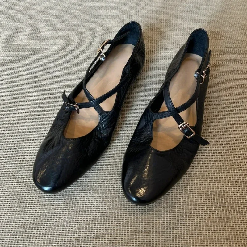 Brand Round Toe Flat Ballet Shoes Women Retro Soft Sole Mary Jane Shoes Cross-tied Comfy Low Heel Dress Shoe Casual Mules Shoes 3