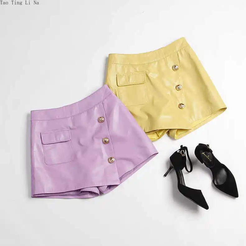2023 Women New Genuine Sheep Leather Shorts High Waist Real Sheepskin Leather Wide Leg Shorts E12