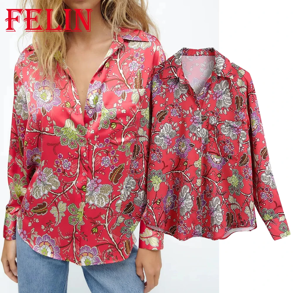 

TRAF ZAZB Vintage Red Flower Print Satin Shirts Women V Neck Long Sleeve Loose Blouses Fashion 2022 Elegant Mujer Tops