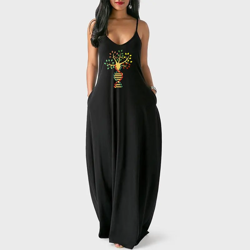 

Tree Of Life Printed Spaghetti Strap Black Maxi Dresses Summer For Women 2021 Casual Elegant Long Female Dress With Pocket