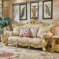 Classic Luxury Sofa Rubber Solid Wood  Golden  Antique European Royal Style Living Room Sofa Sets 1+2+3 2