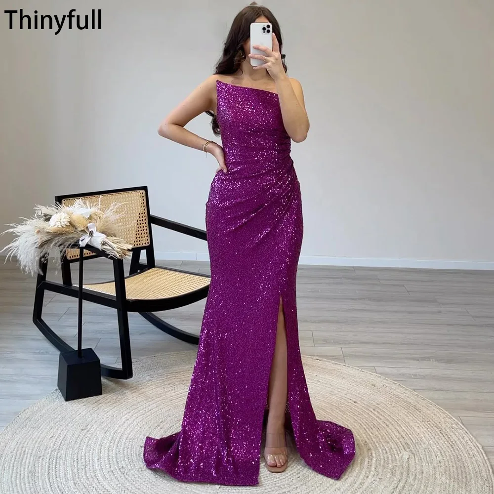 

Thinyfull Sequined Saudi Arabia Mermaid Evening Dresses Strapless Side Silt Prom Gowns Elegant Formal Occasion Dresses for Women