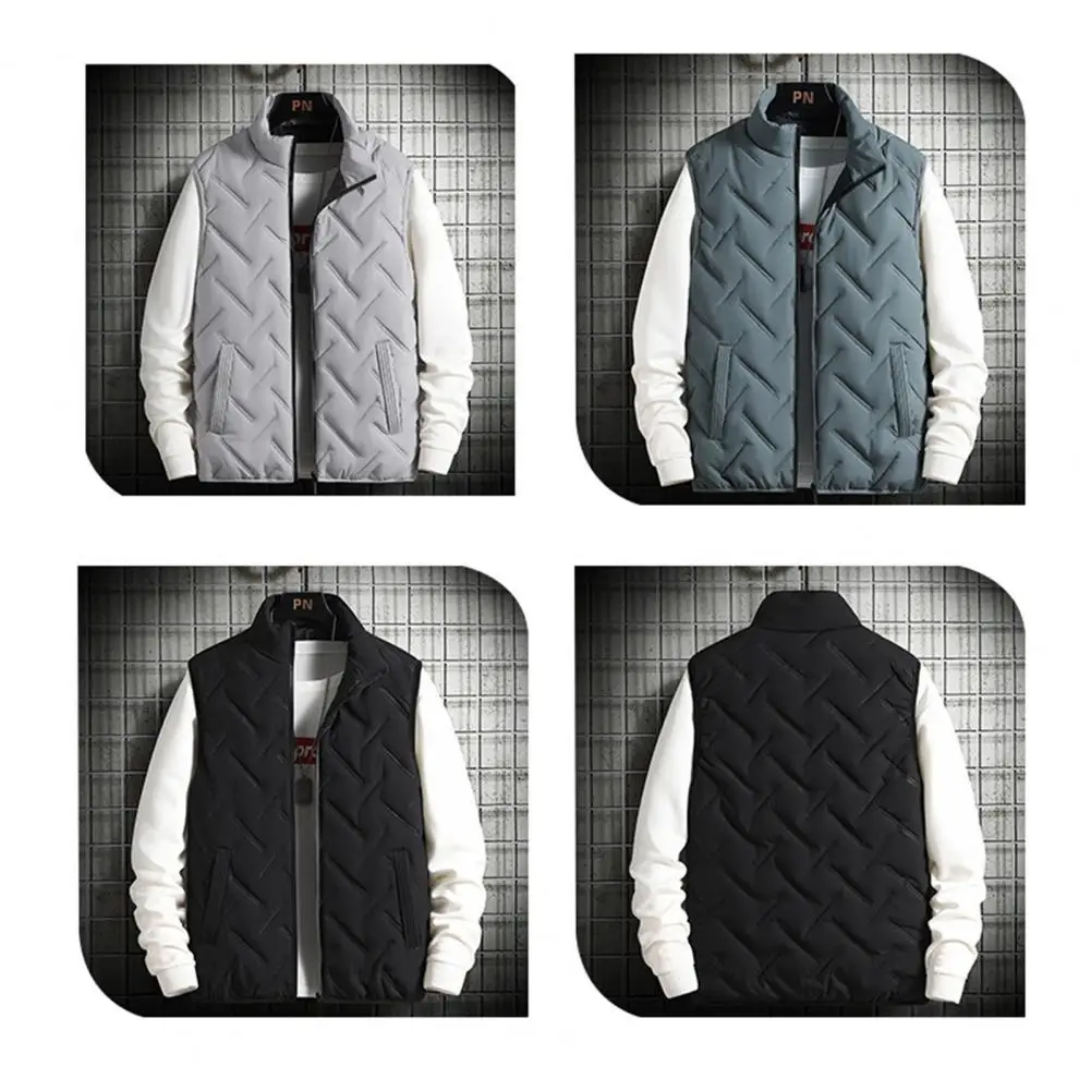 Men Vest Thickened Stand Collar Vest Coat for Men Winter Warm Jacket with Zipper Solid Color Cotton-padded Comfort Men Jacket