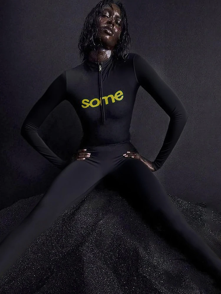 Nibber Printing Women 2 Piece Set Letter Zip Crop Top+Legging Matching Street Stretch Skinny Streetwear Casual Sporty Outfits