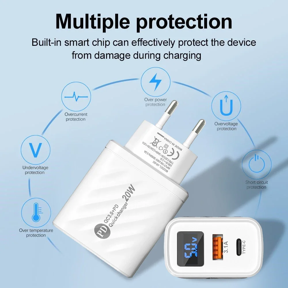 2 Ports Digital Display Chargers Quick Charge 20W PD USB Type C Charger Adapter for IPhone 14 15 Pro Max Samsung Xiaomi Huawei