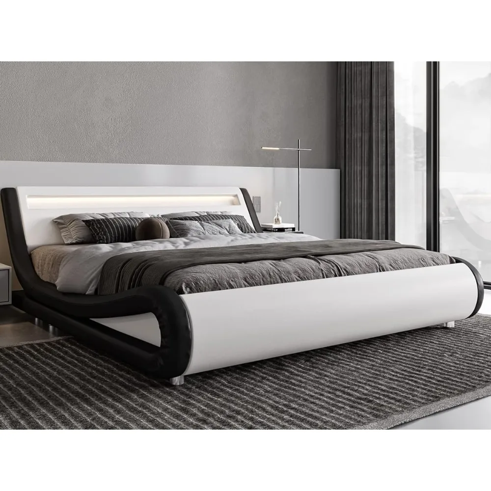 

LED platform bed frame with adjustable headboard, no need for a spring box, easy to assemble, white and black leatherette