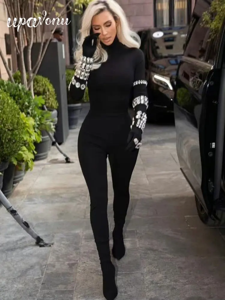 

Women's Black Beaded Bandage jumpsuit Standing Neck Long Sleeve Tight Pencil jumpsuit Celebrity Cocktail Evening Party jumpsuit