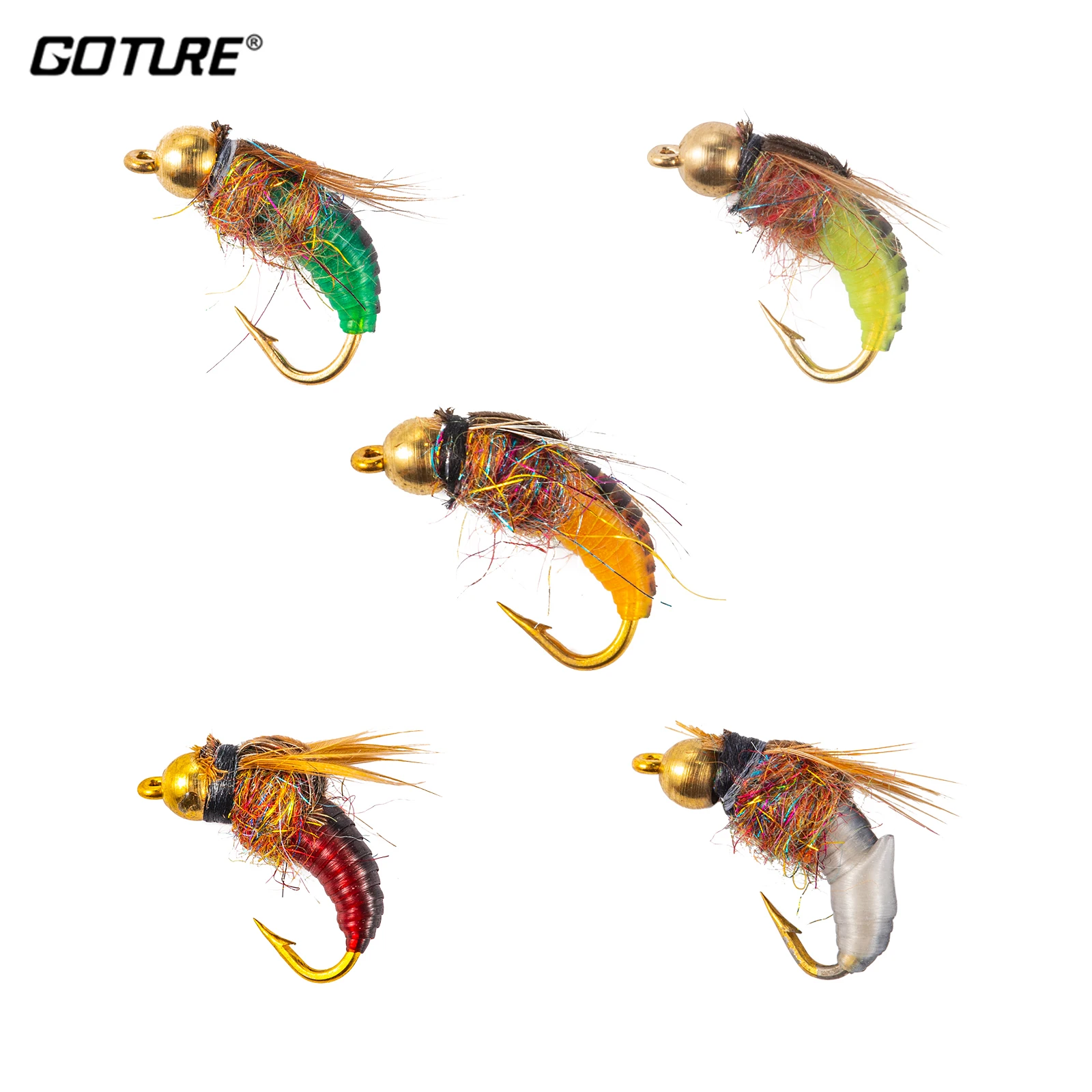 Goture Fishing Lure 5Pcs Fly Insecs Five-Color Ice Silk Copper Head Esca Artificiale Gancio Per Capelli Trota Bass Dry Fly Fishing Lures