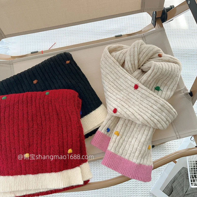 Color Dots Children Wool Knitted Scarf Students Advanced Sense Everything Bib Boys Girls Winter Baby Warm 24W015