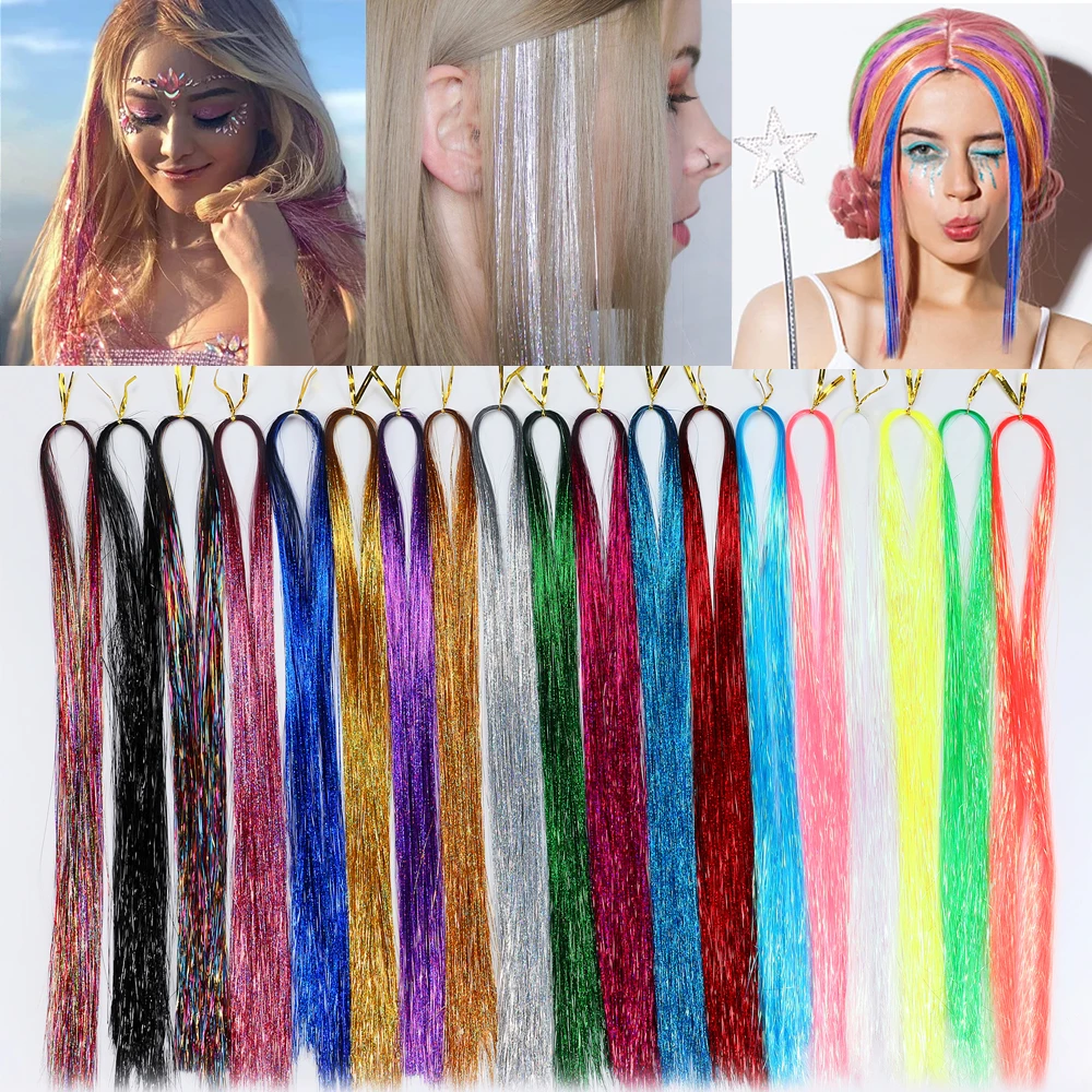 1PCS 180Strands 20 Colors Sparkling Shiny Tinsel Hair Extensions Colorful Holographic Hair Tinsel Glitter Fairy Hair Tinsel