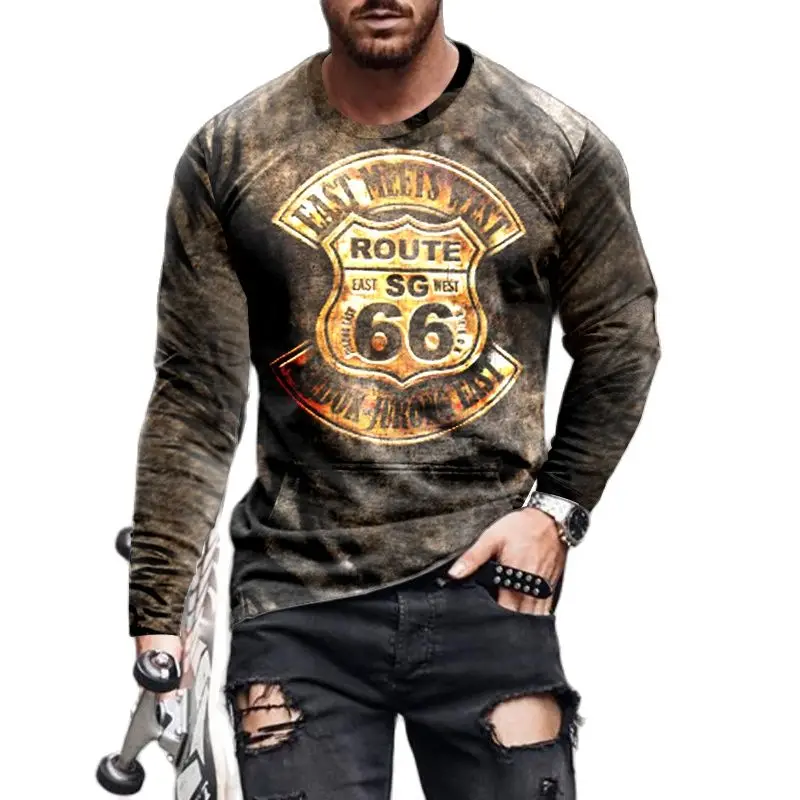 Printed T-shirt Men's Autumn and Winter Loose Clothes Long-sleeved Vintage American Route 66 Letters Fashion O-neck Shirt 5xl