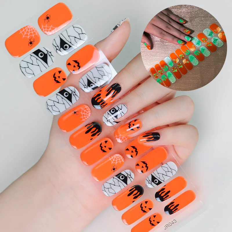 Halloween Pumpkin Ghost Gel Nail Art Stickers Adhesive Waterproof Semi Cure Gel Nails Wraps for UV Lamp Need Charm Manicure