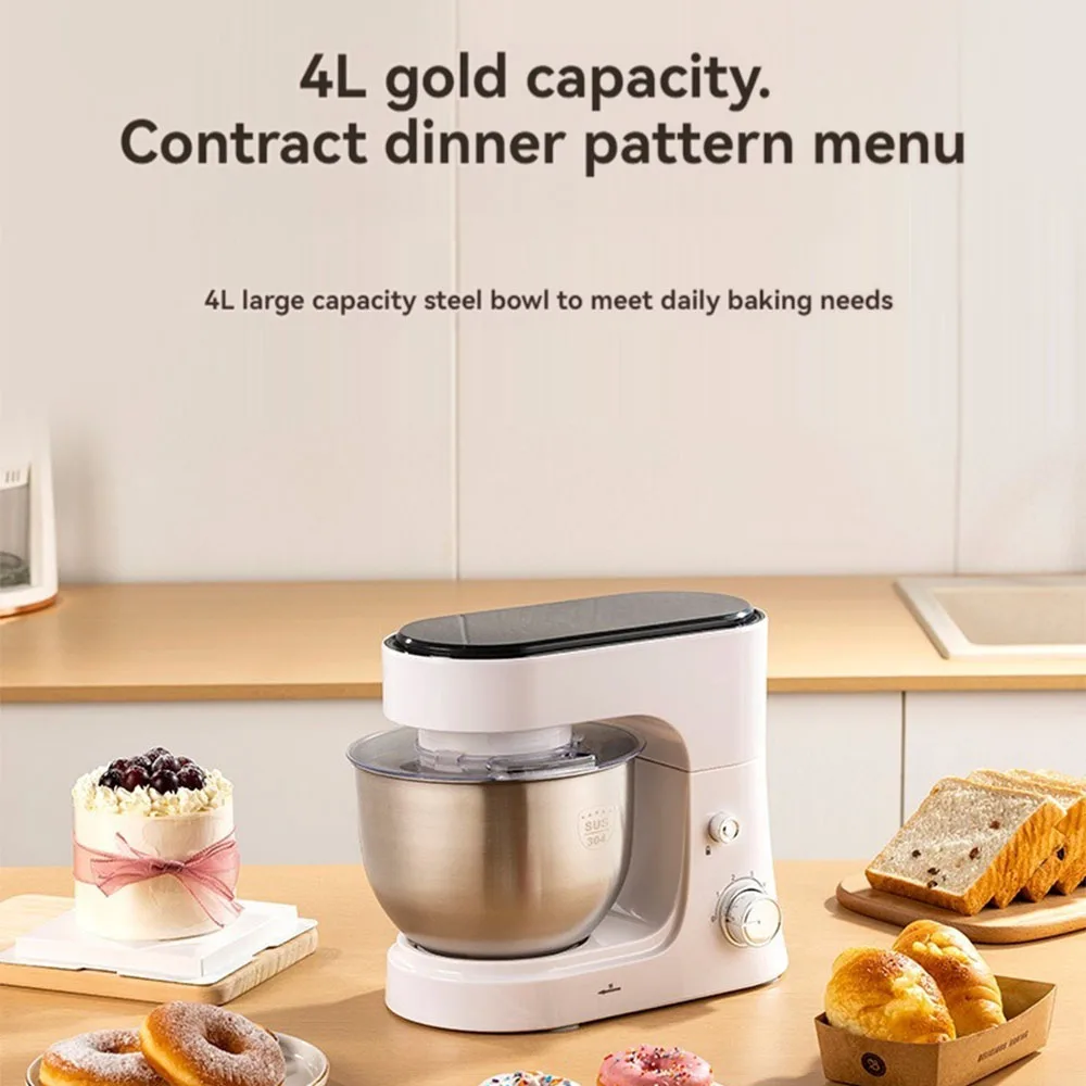 US Plug Household Desktop Automatic Cooking Machine,Stainless Steel Dough Mixer, Cream Multi-function Blender,Egg Beater,White 3