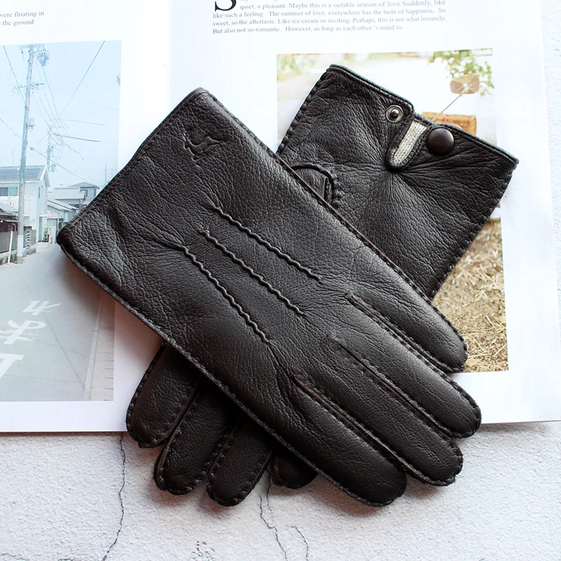 New hand-stitched touch screen leather men's deerskin gloves Wool knit lining black corrugated driving gloves