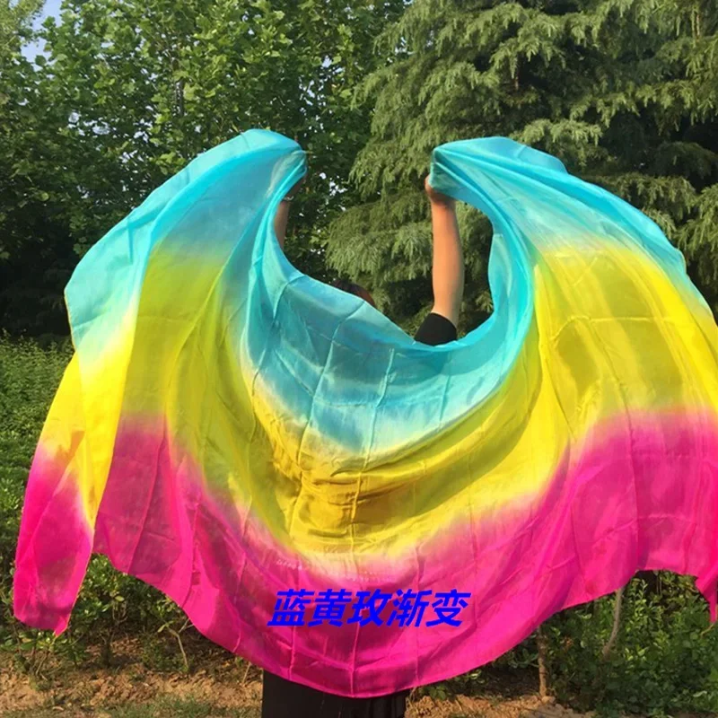 

Оптовая продажа, дешевая 100% натуральная шелковая фата, шали для танца живота, 3 градиентных цвета, шелковые шарфы для танцев, выступления на сцене