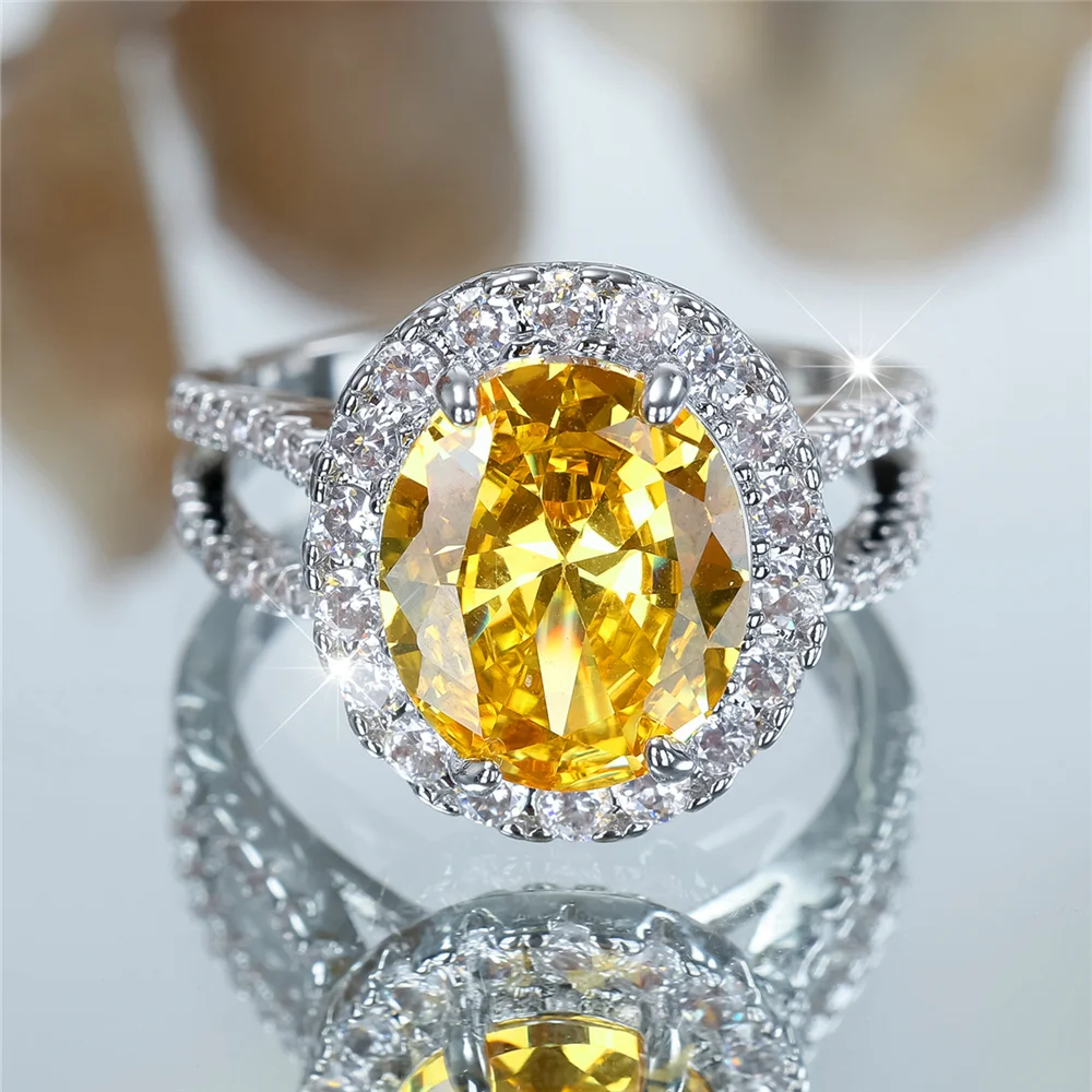 Luxury Female Big Yellow Zircon Stone Oval Engagement Rings For Women Silver Color Wedding Bands Jewelry Party Gifts
