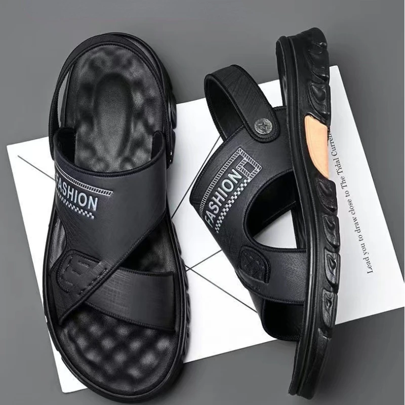 

Men's Sandals 2023 New Summer Soft Leather Soft Sole Anti Slip Beach Shoes Casual Dual Use Outside Slippers Shoe Sandal Slipper