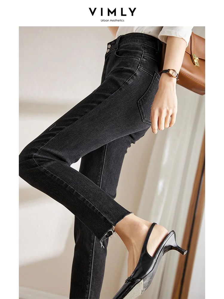 Vimly Black Jeans Skinny Denim Trousers Korean Style Vintage Fashion High Waist 2023 Spring New Ankle-length Pencil Pants 70708