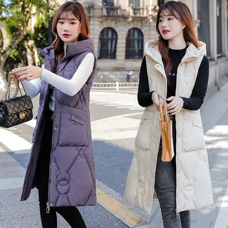 

2023 Cotton Waistcoat Elegant Long Cotton-Padded Vests Windproof Hooded Puffer Parkas Autumn Winter Warm Snow Wear Coats H77