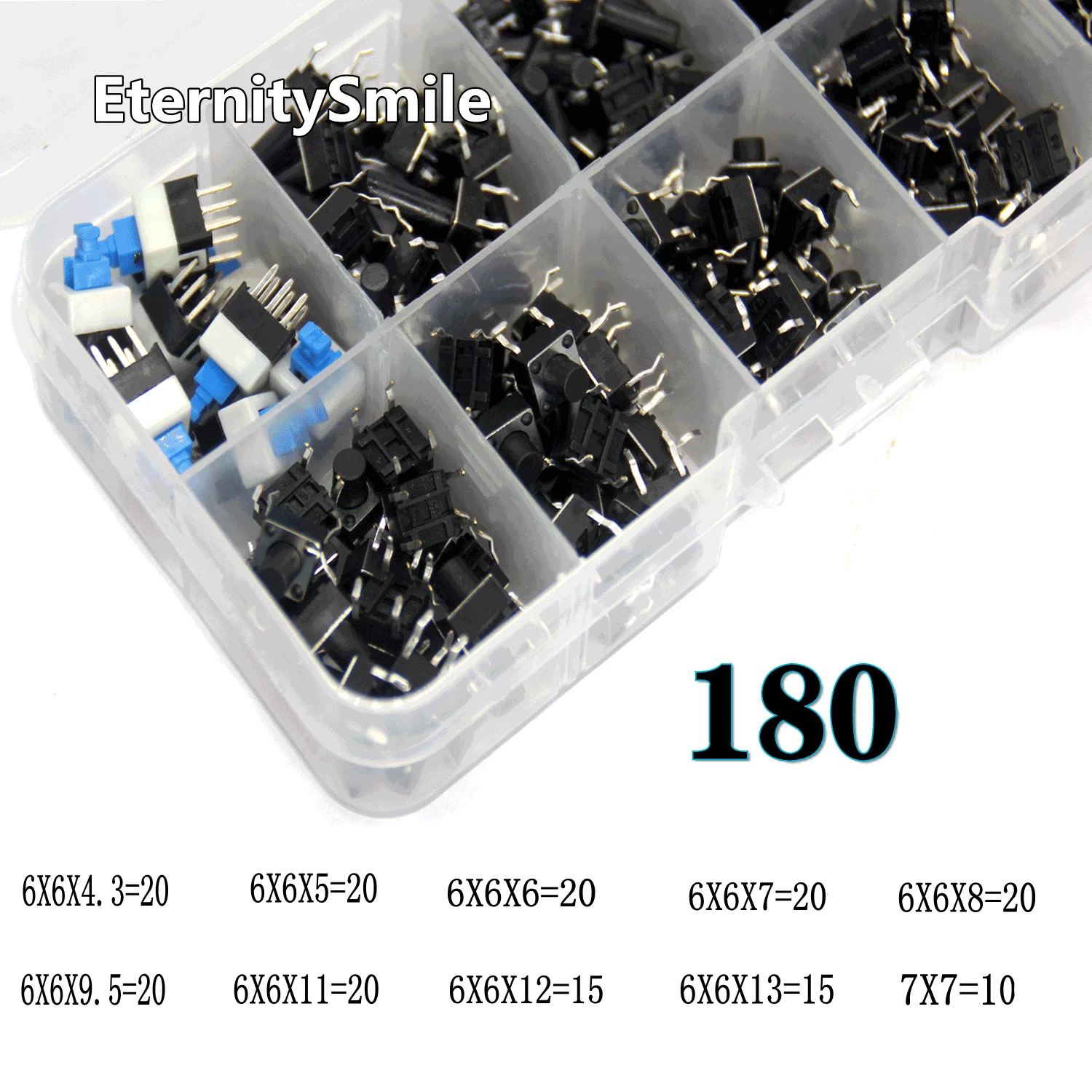 180Pcs 10values 6*6*4.3/5/6/7/8/9.5/11/12/13H tact switch tactile push button switch kit micro key tactile push button switch