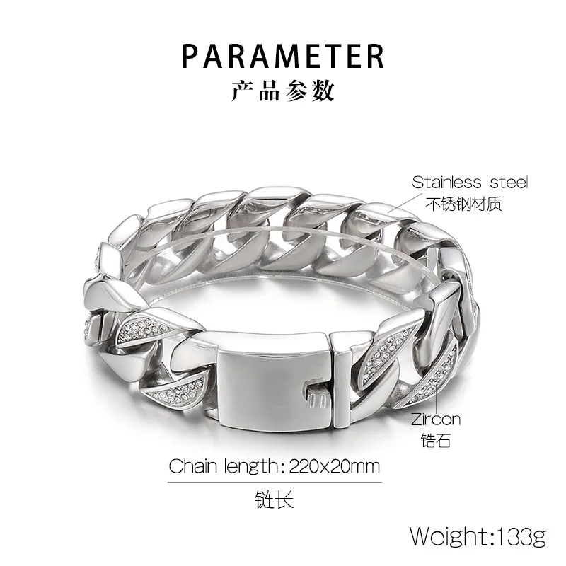 Fongten 22 cm Kubanischen Kette Armbänder Für Männer Zirkon Edelstahl Kette Handgelenk Armbänder Gothic Männlichen Armreif Silber Farbe schmuck – Detail 4