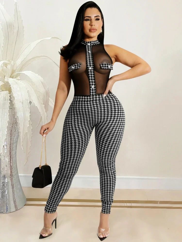 

Женский модный комплект из двух предметов с принтом, топ без рукавов с круглым вырезом и сетчатые прозрачные брюки, 2023