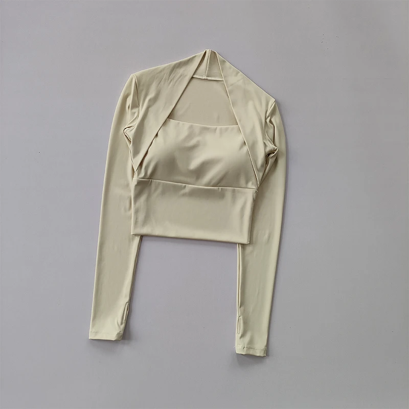 thumbnail image 1 of Top deportivo con cojín para el pecho para mujer, camisas de manga larga, ropa corta elegante para baile y Yoga, cintura pequeña para gimnasio, 1 of 6
