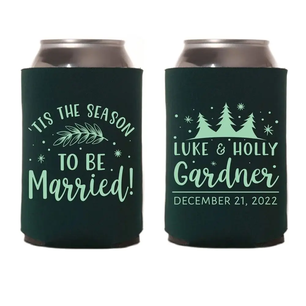 

Tis The Season - Wedding Can Cooler #178R - Custom - Holiday Wedding Favors, Christmas Wedding, Beer Huggers, Wedding Favor, Bee