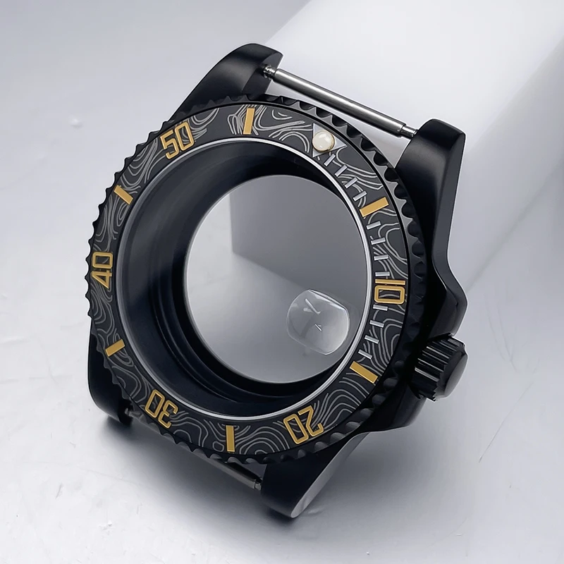 All-Black Sub Style Watch Case with Rubber Strap and Sapphire Crystal
