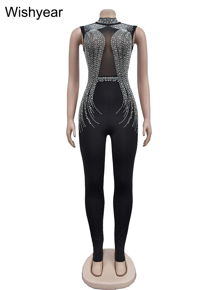 Wishyear Sexy One Piece Suit Club Outfits Women See Through Mesh  Diamonds Rhinestone Skinny Sleeveless Birthday Night Jumpsuit