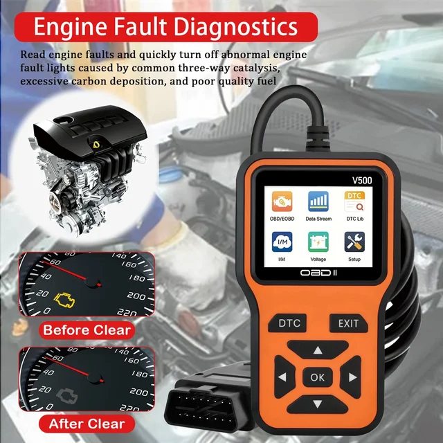 Car OBD2 Scanner Diagnostic Tool Code Reader, Car Voltage Tester Engine Fault Code Scanner, Charging Tester Diagnostic Tool V500 3
