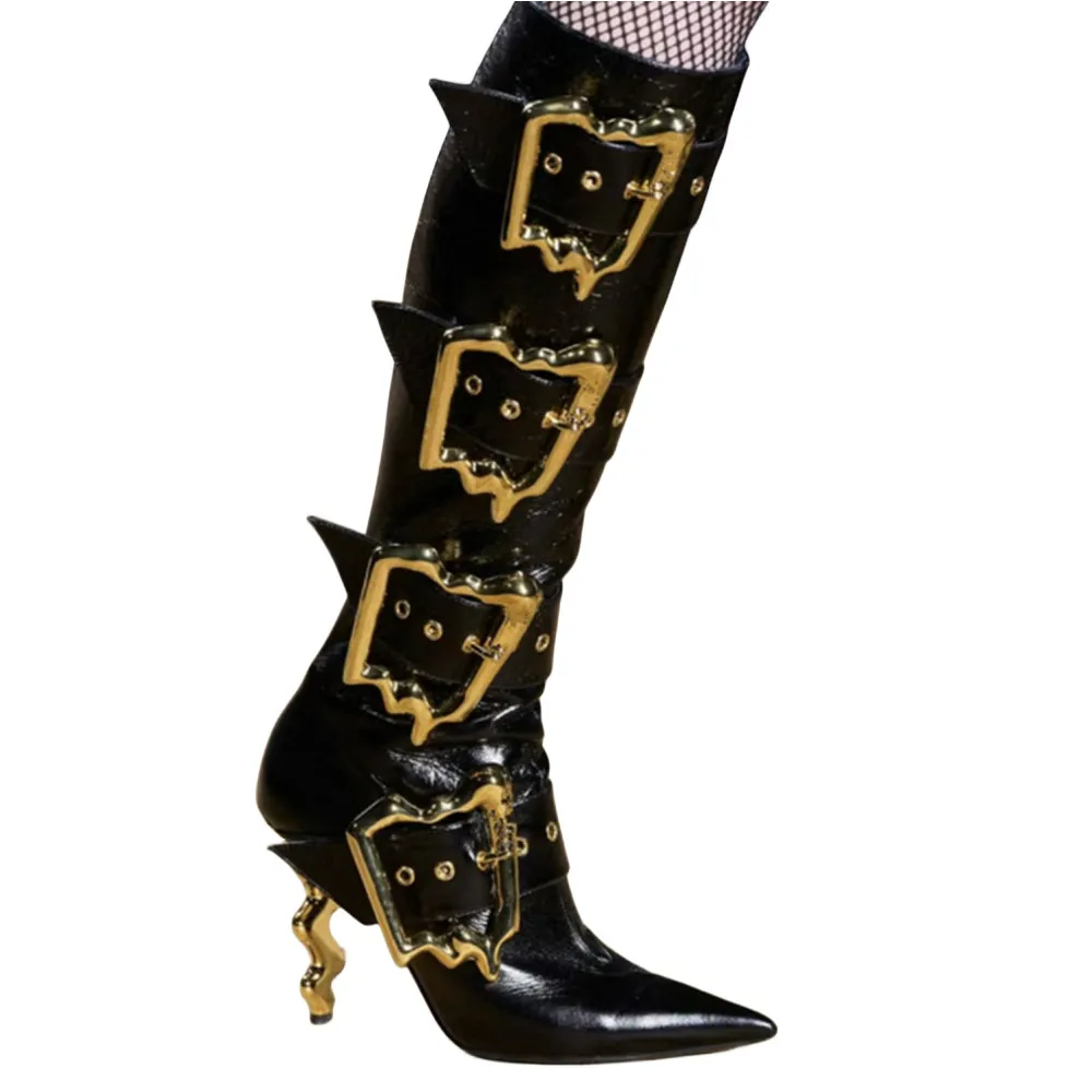 

2023Women's New Fashion Knee Length Boots Pointed Belt Buckle Side Zipper Sexy Show Party Banquet Women's 44 Large Medium Boot