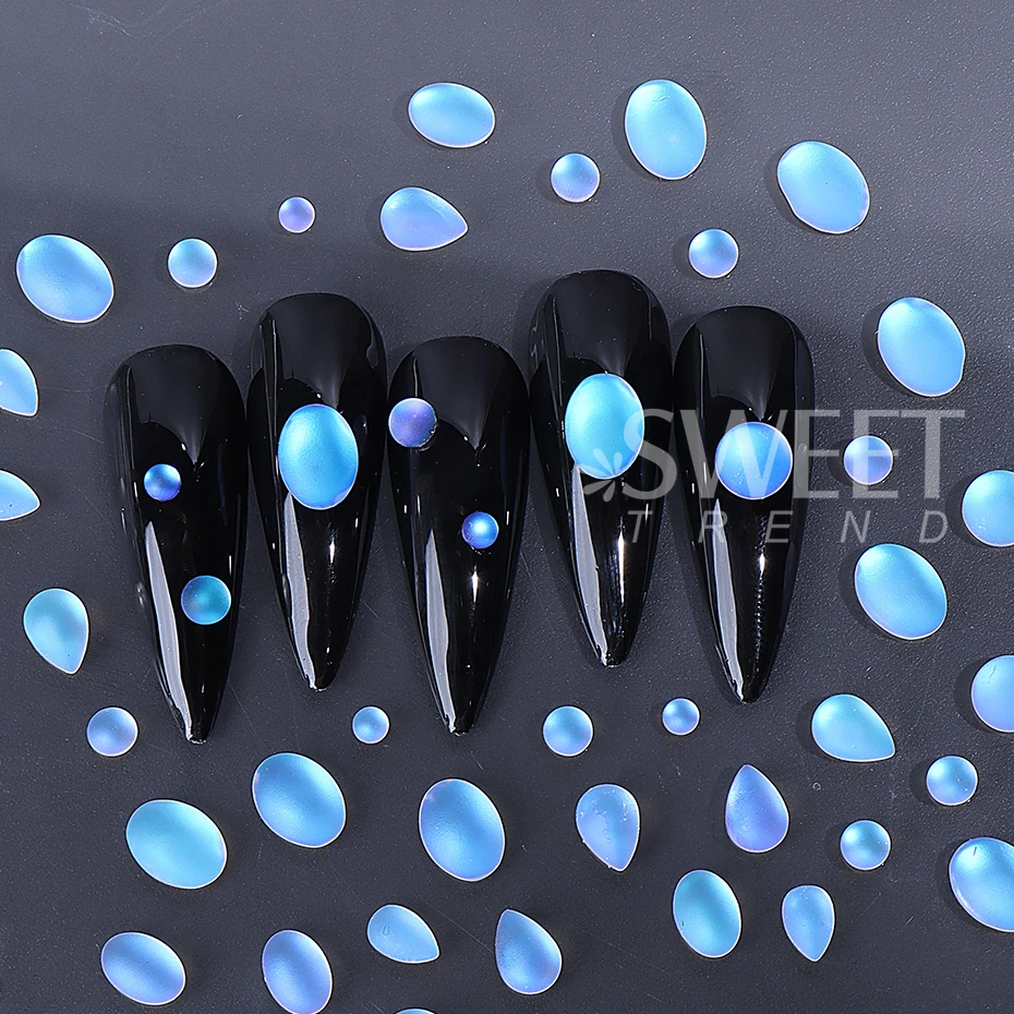 50pcs Mixed Blue Tears Cat Eye Nail Charms Blue Matte Transparent Bottom Water Drop Glass Diamond Nail Rhinestone Manicure Decor