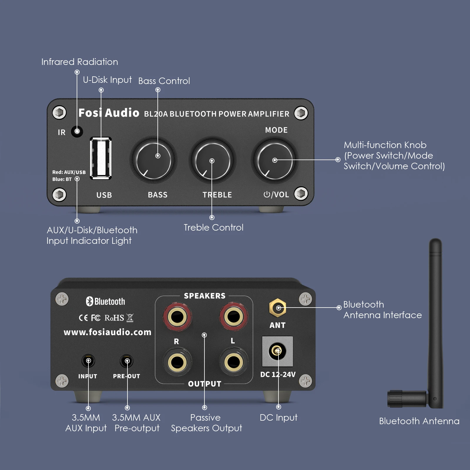 

Усилитель звука Fosi Audio BL20A TPA3116 2.1CH 100W Mini HiFi класса D, бас, высокие частоты, с дистанционным управлением U-Disk