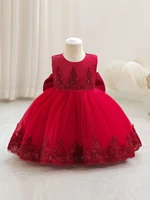 Robe de princesse pour enfants, robe à fleurs avec nœud brodé à la main, sans manches, robe de soirée, de noël et d'halloween, rouge 1