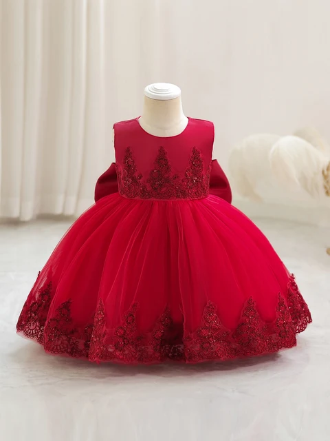 Robe de princesse pour enfants, robe à fleurs avec nœud brodé à la main, sans manches, robe de soirée, de noël et d'halloween, rouge 1