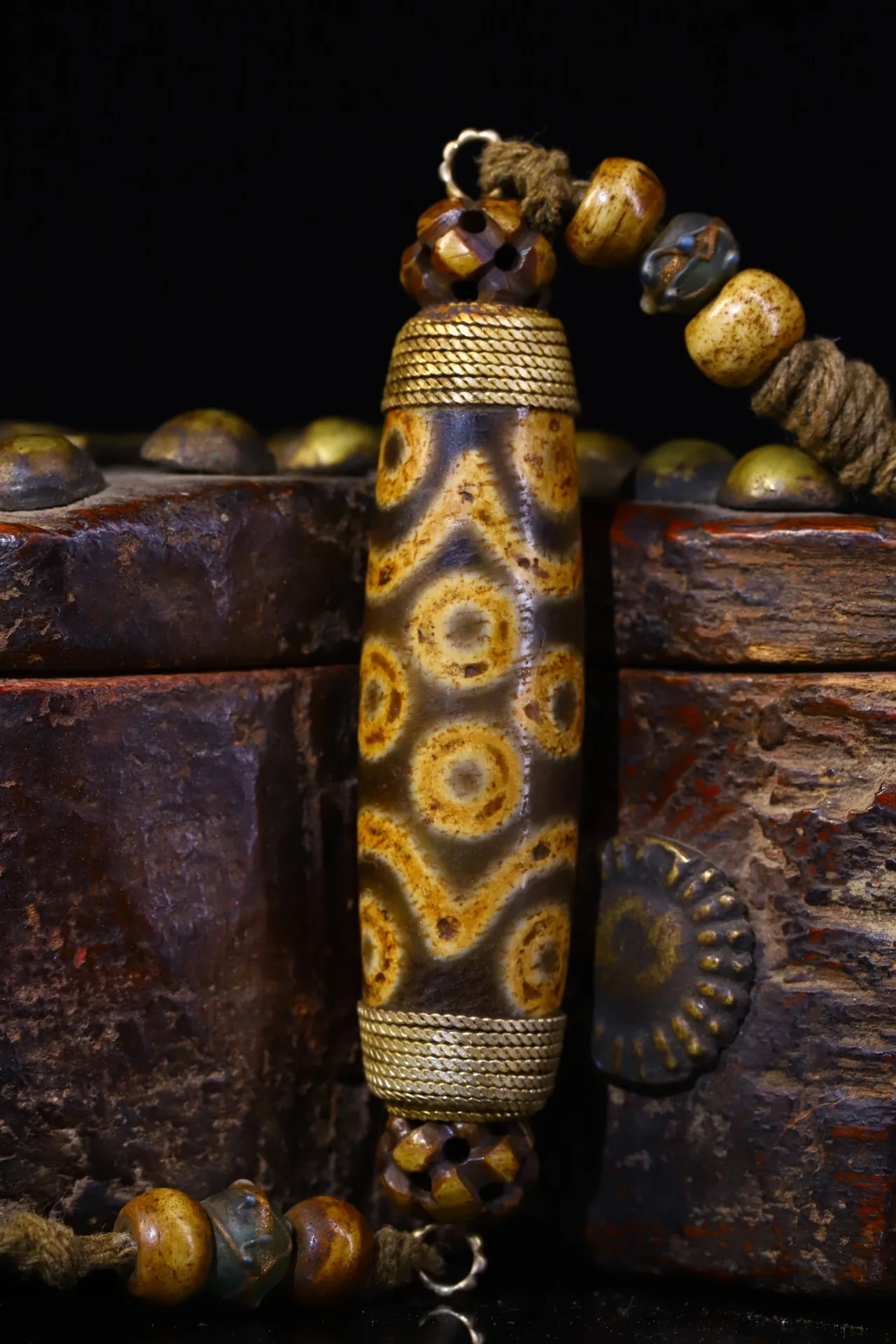 

3"Tibetan Temple Collection Old Natural Agate Mosaic Gem Dzi Beads nine eyeballs pendant Amulet Town house Exorcism