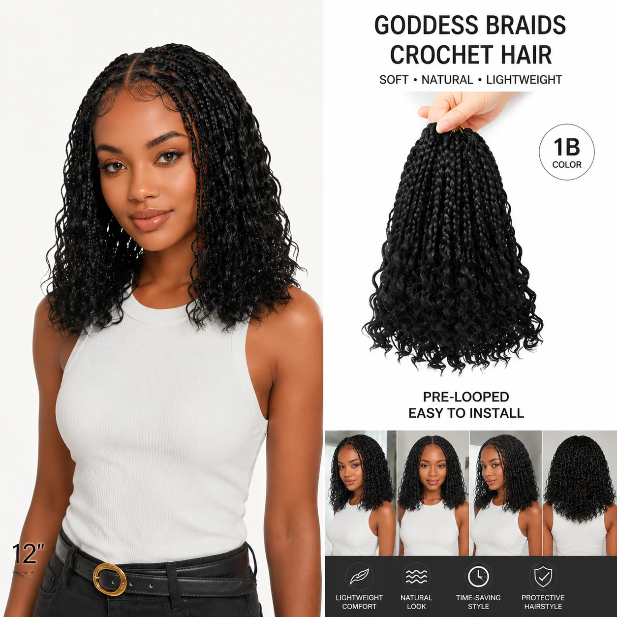 Boho Goddess Box Braids 12 Crochet Hair with Curly Ends - Synthetic Knotless Extensions