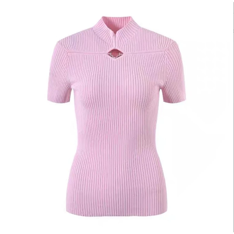 

VII 2024 S Early Spring Woman Clothing Fashion Half High Neck Knit Pink Short Sleeve Pullover Sweater Women Free Shipping Offers