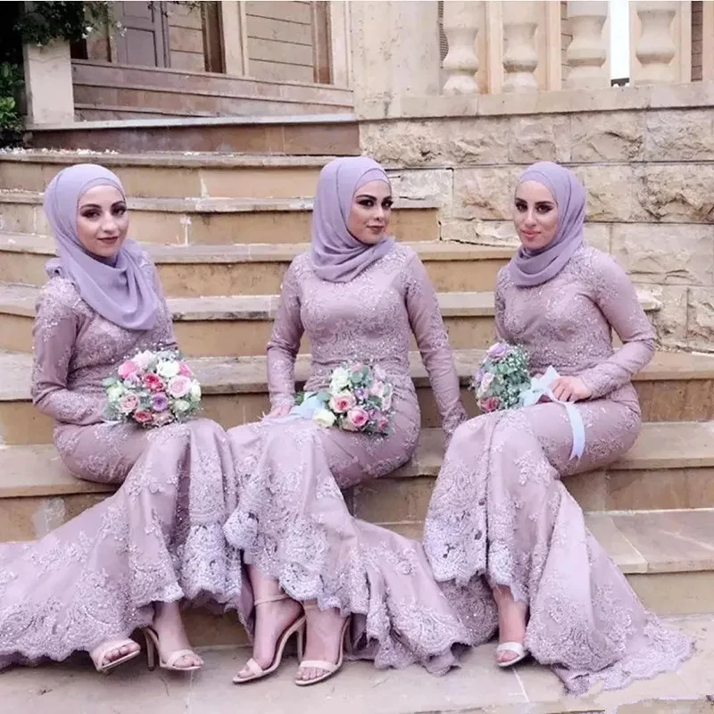 

Arabic Muslim Bridesmaid Dresses Long Sleeves Lace Mermaid Wedding Guest Dress For Women 2024 Formal Evening Prom Party Gown